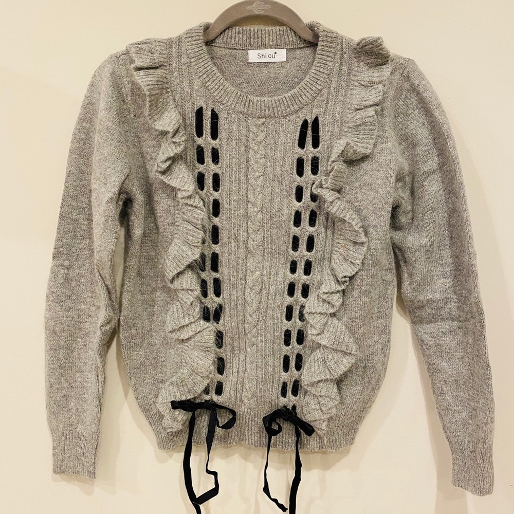 Grey Ruffle Bow Sweater From Japan Cute